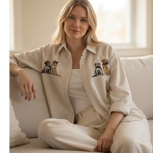 "Casey Coleman" Striped Button Down Shirt Embroid. Dog Tan White‎ NO SIZE TAG L?